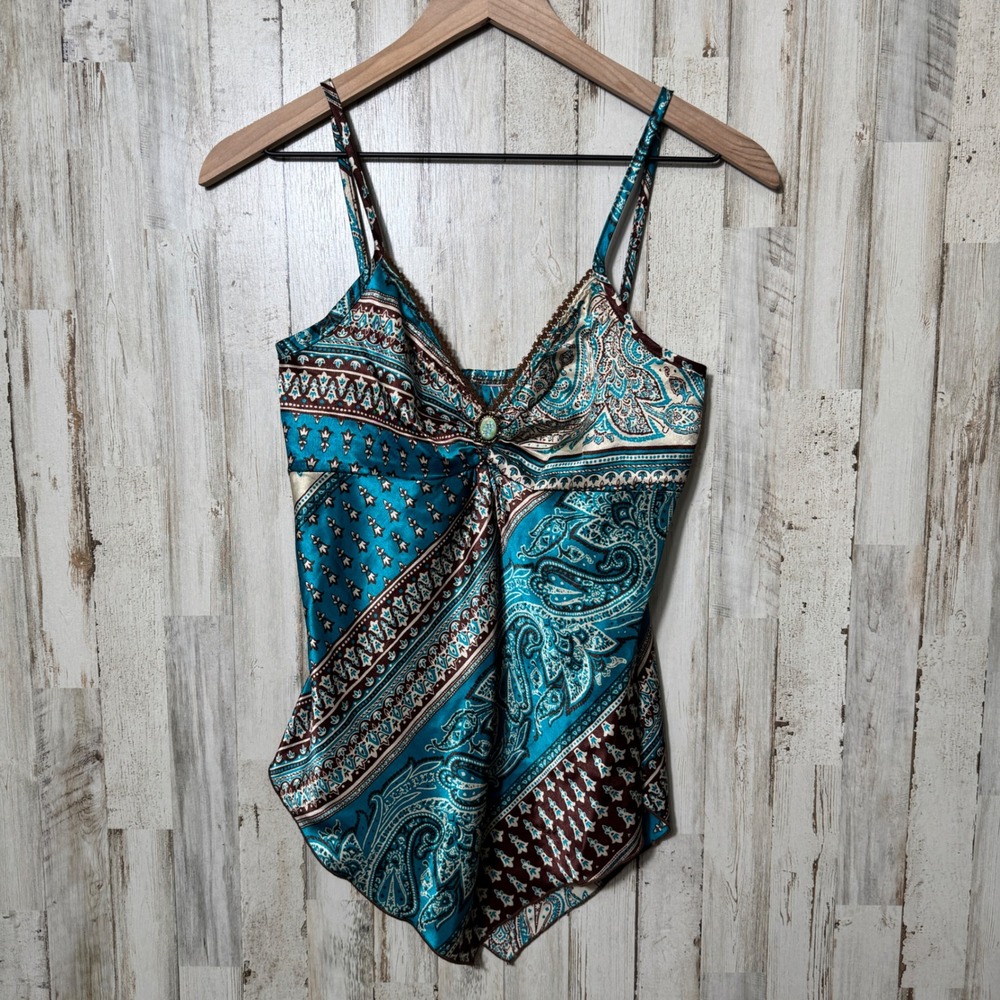 Vintage Y2k Paisley Blue Brown Handkerchief Cami Top Womens Medium